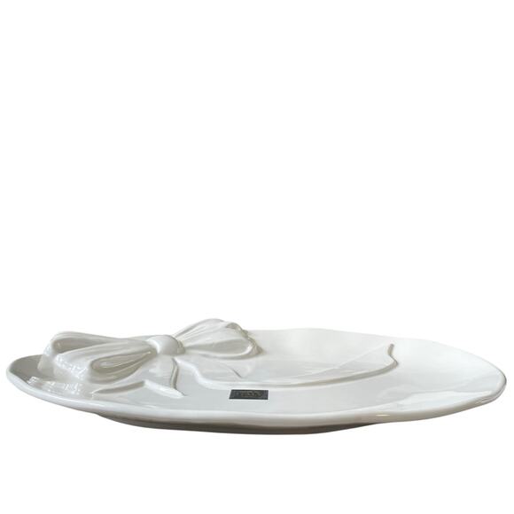 Handmade in Italy Embossed White Bow Ceramic Serving Platter 12x16 Oval NEW - Picture 4 of 16